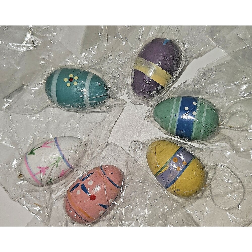 Easter 6 Vintage Hand Painted Egg Ornaments All Different 2” NIP